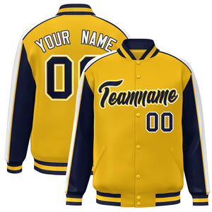 Custom Gold Navy-White Color Block Bomber Varsity Full-Snap Baseball Jacket