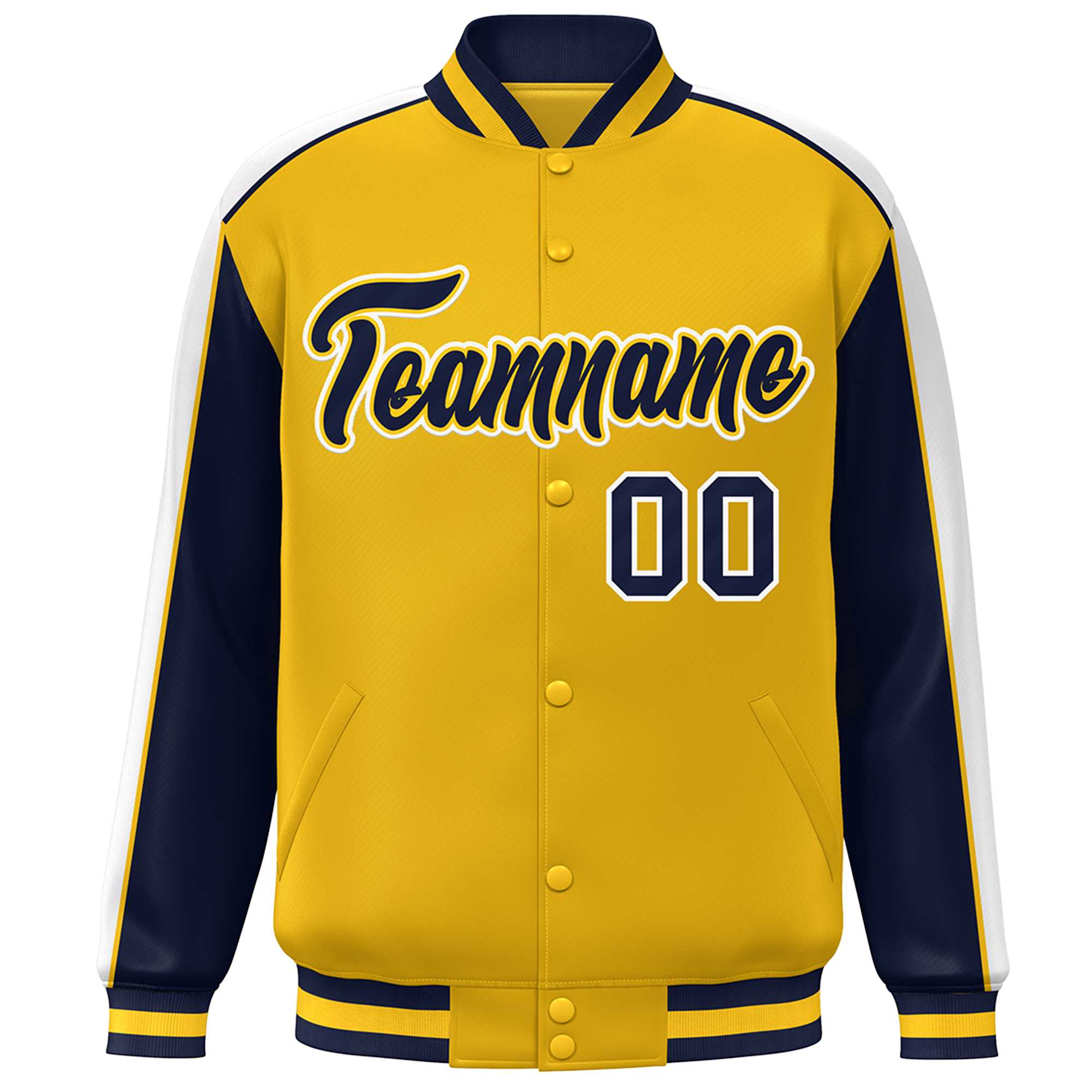 Custom Gold Navy-White Color Block Bomber Varsity Full-Snap Baseball Jacket