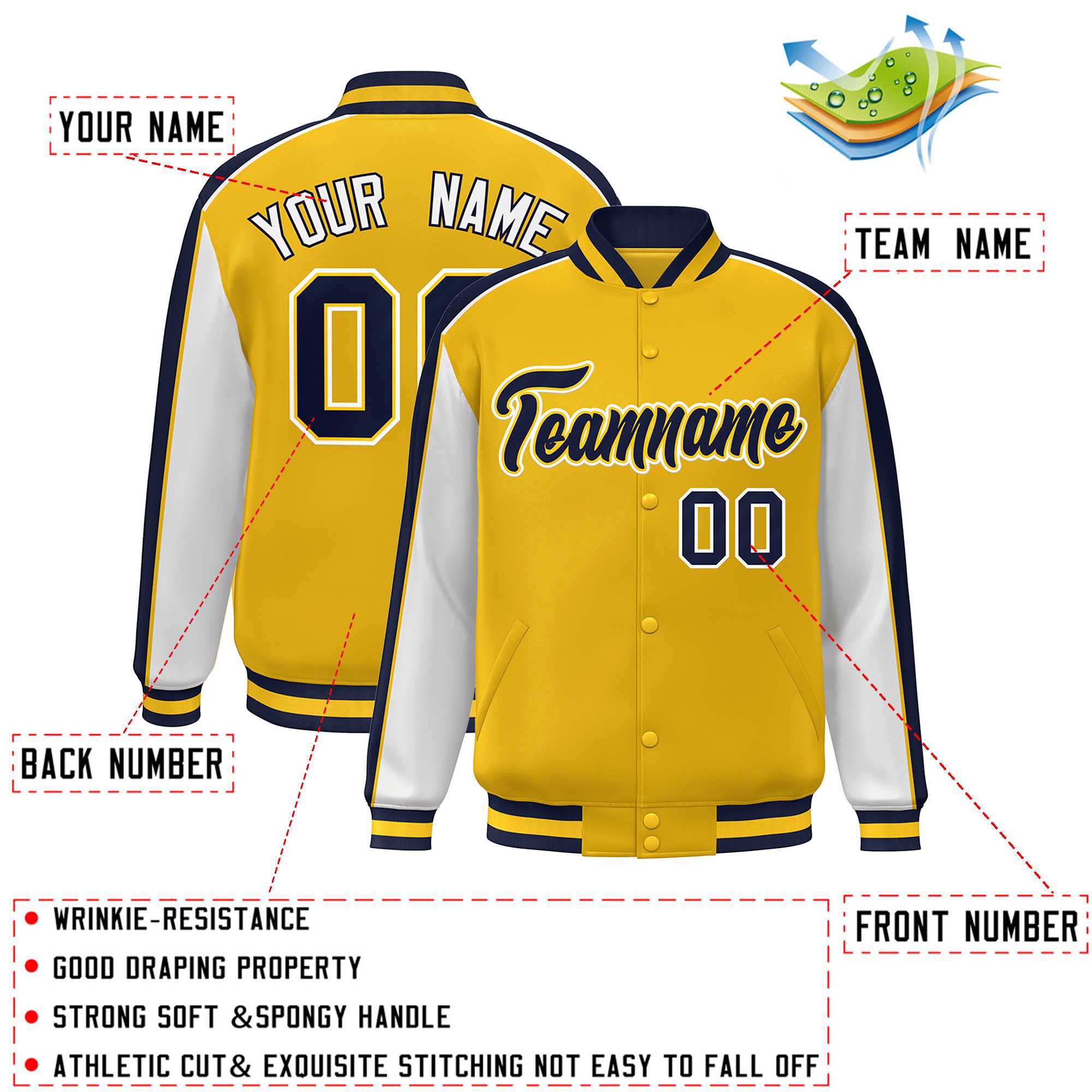 Custom Gold White-Navy Color Block Bomber Varsity Full-Snap Baseball Jacket