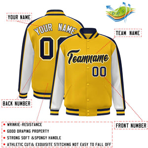 Custom Gold White-Navy Color Block Bomber Varsity Full-Snap Baseball Jacket