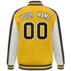 Custom Gold White-Navy Color Block Bomber Varsity Full-Snap Baseball Jacket