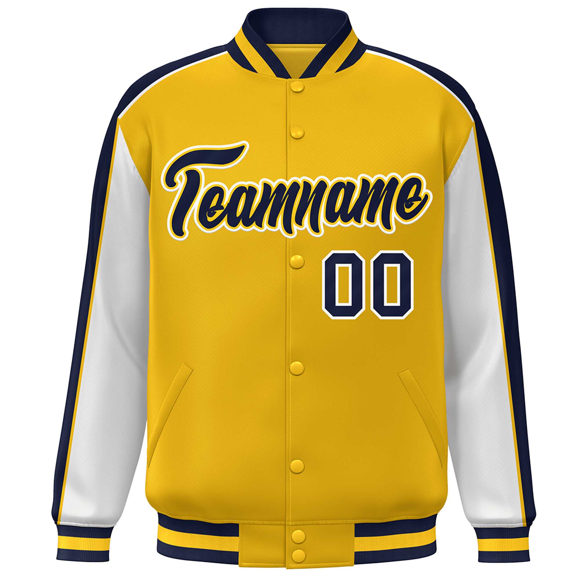 Custom Gold White-Navy Color Block Bomber Varsity Full-Snap Baseball Jacket