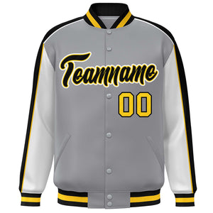 Custom Gray White-Black Color Block Bomber Varsity Full-Snap Baseball Jacket