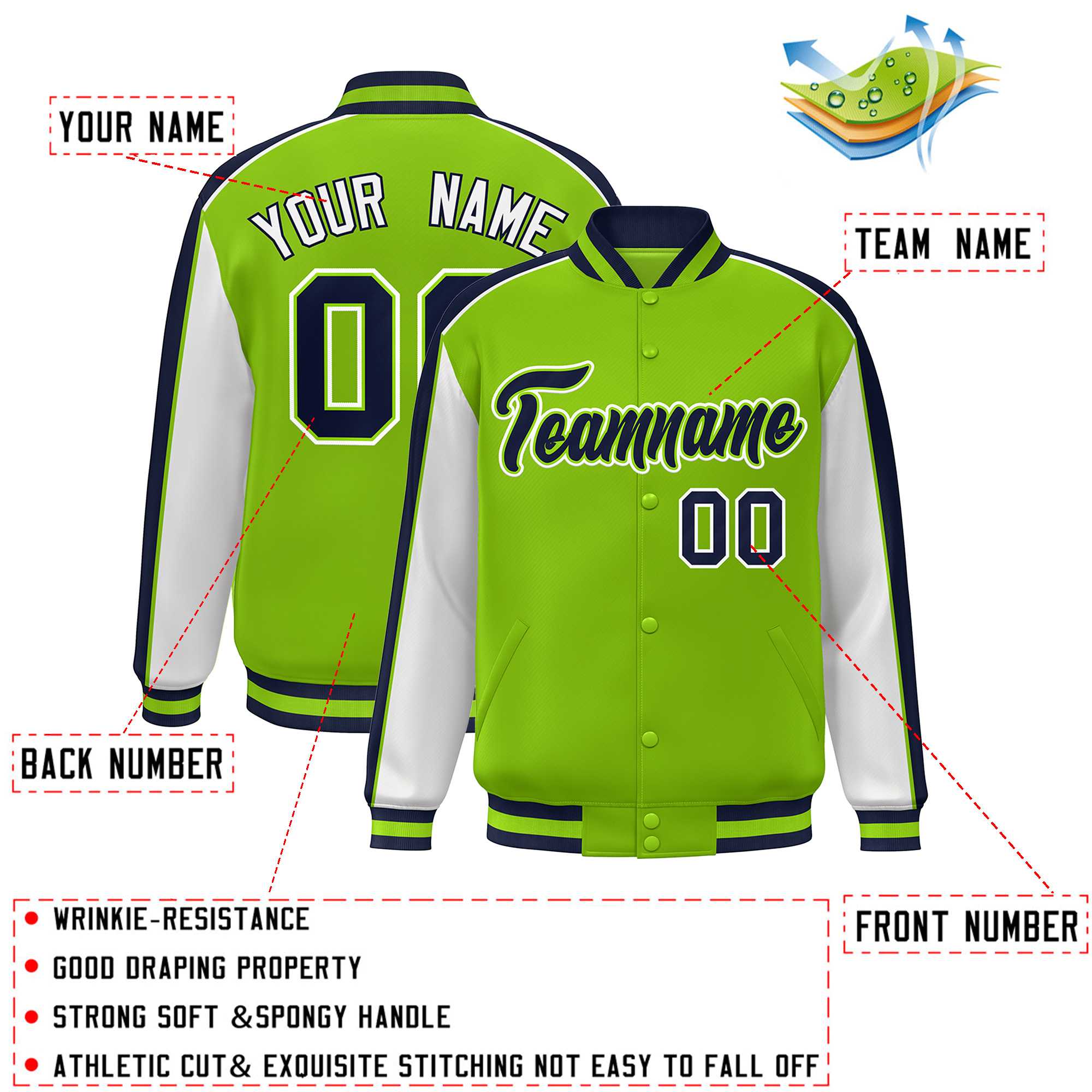 Custom Neon Green White-Navy Color Block Bomber Varsity Full-Snap Baseball Jacket