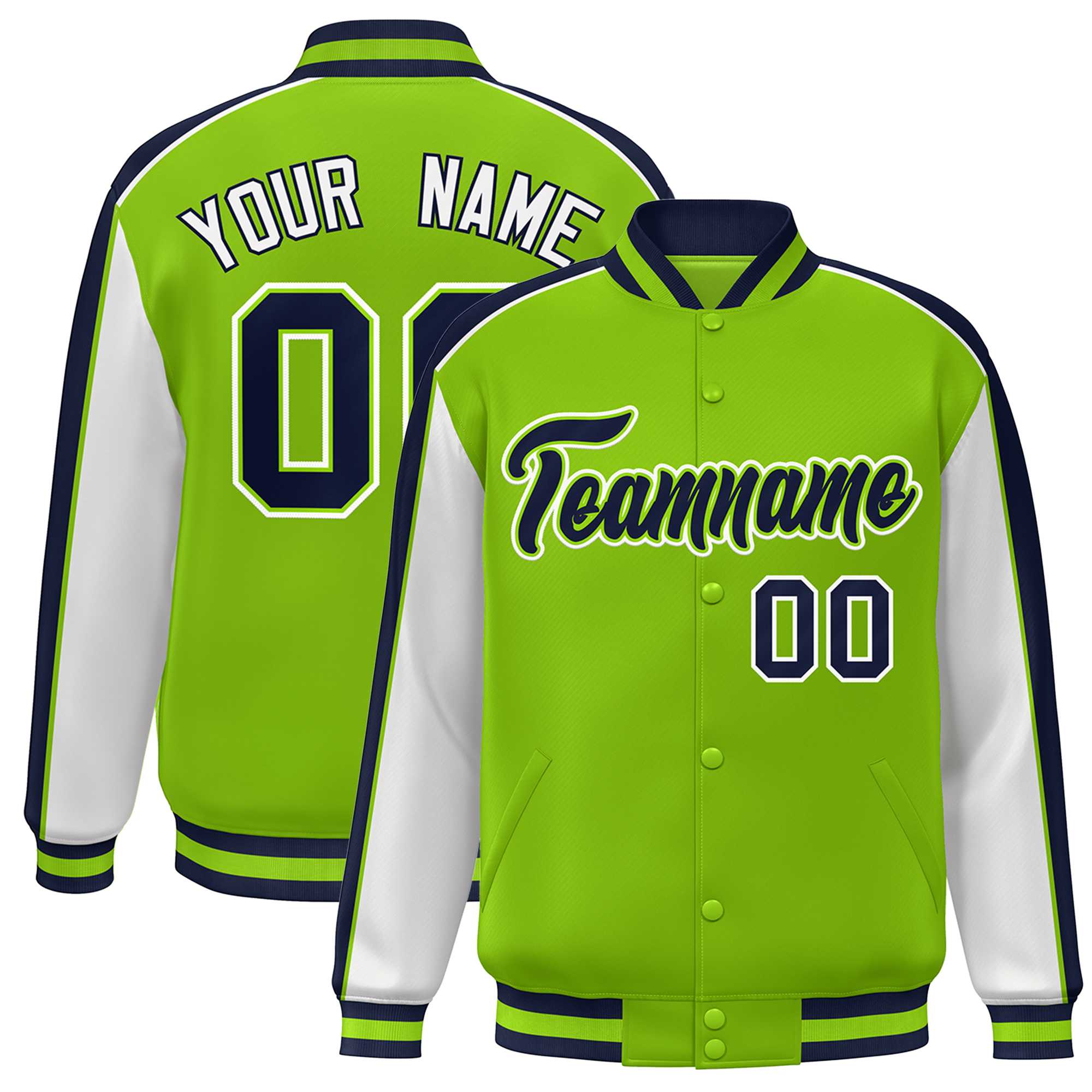 Custom Neon Green White-Navy Color Block Bomber Varsity Full-Snap Baseball Jacket