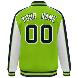 Custom Neon Green White-Navy Color Block Bomber Varsity Full-Snap Baseball Jacket