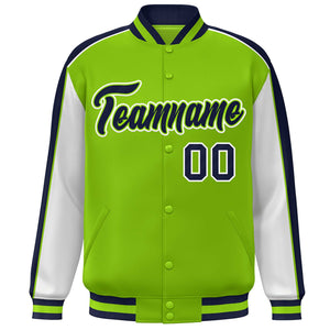 Custom Neon Green White-Navy Color Block Bomber Varsity Full-Snap Baseball Jacket