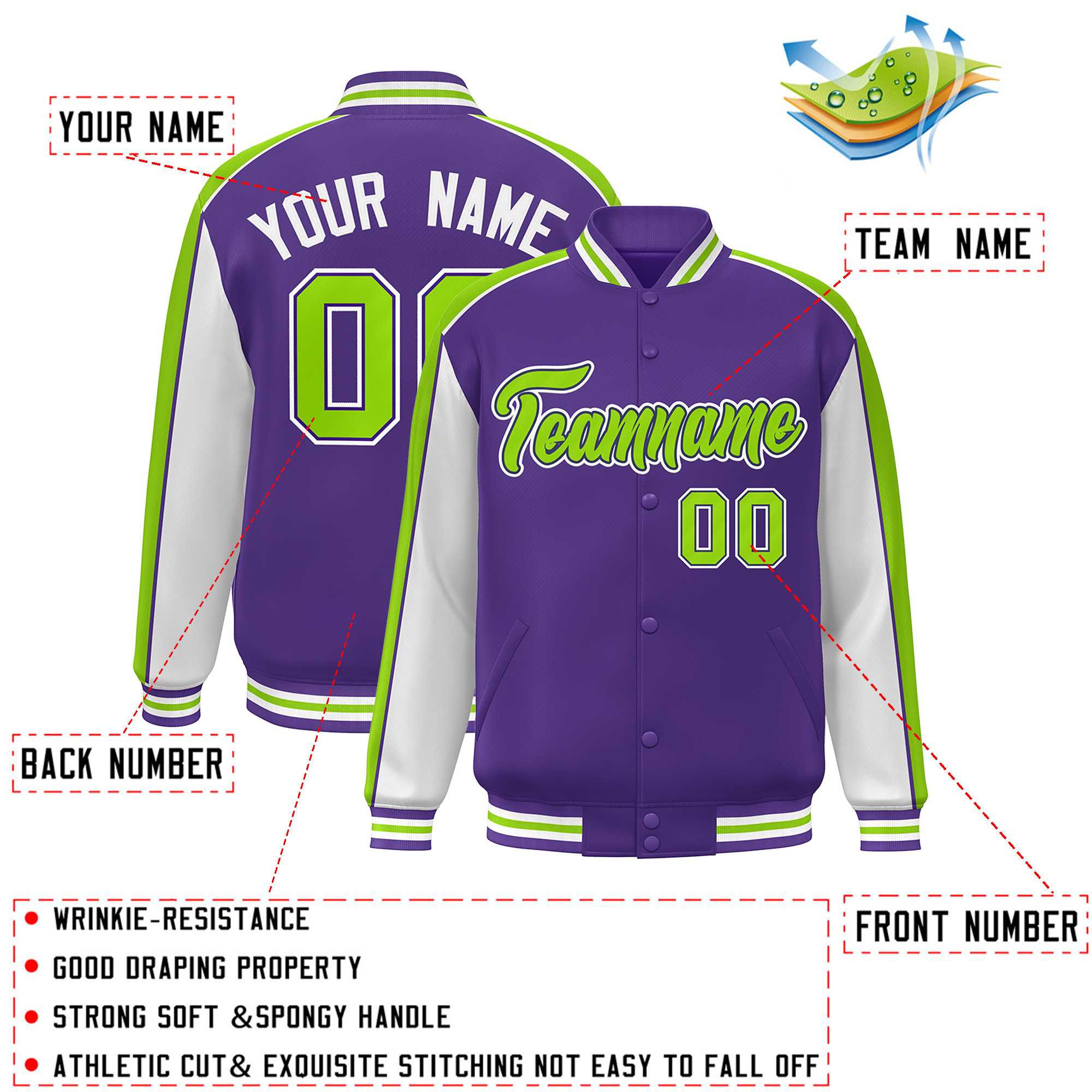 Custom Purple White-Neon Green Color Block Bomber Varsity Full-Snap Baseball Jacket