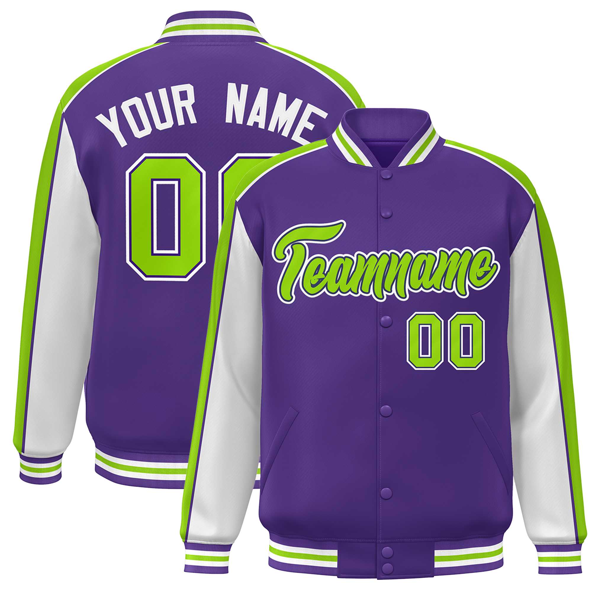 Custom Purple White-Neon Green Color Block Bomber Varsity Full-Snap Baseball Jacket