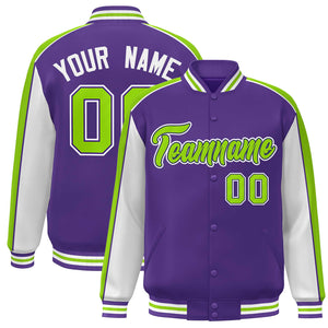 Custom Purple White-Neon Green Color Block Bomber Varsity Full-Snap Baseball Jacket