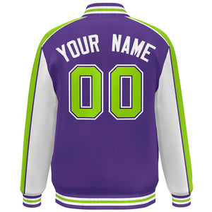 Custom Purple White-Neon Green Color Block Bomber Varsity Full-Snap Baseball Jacket