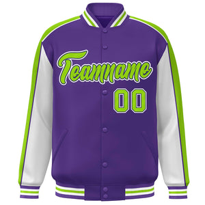 Custom Purple White-Neon Green Color Block Bomber Varsity Full-Snap Baseball Jacket