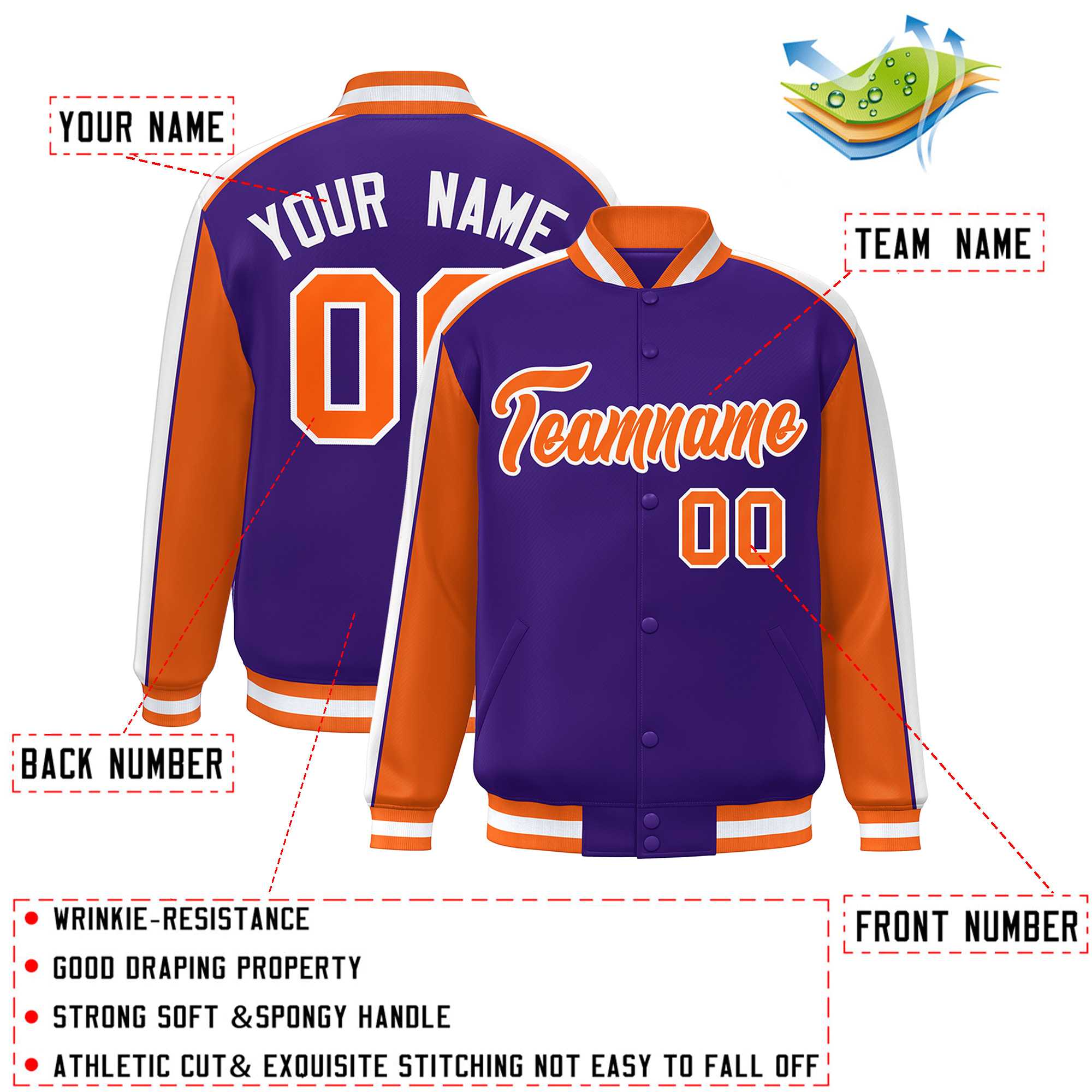 Custom Purple Orange-White Color Block Bomber Varsity Full-Snap Baseball Jacket