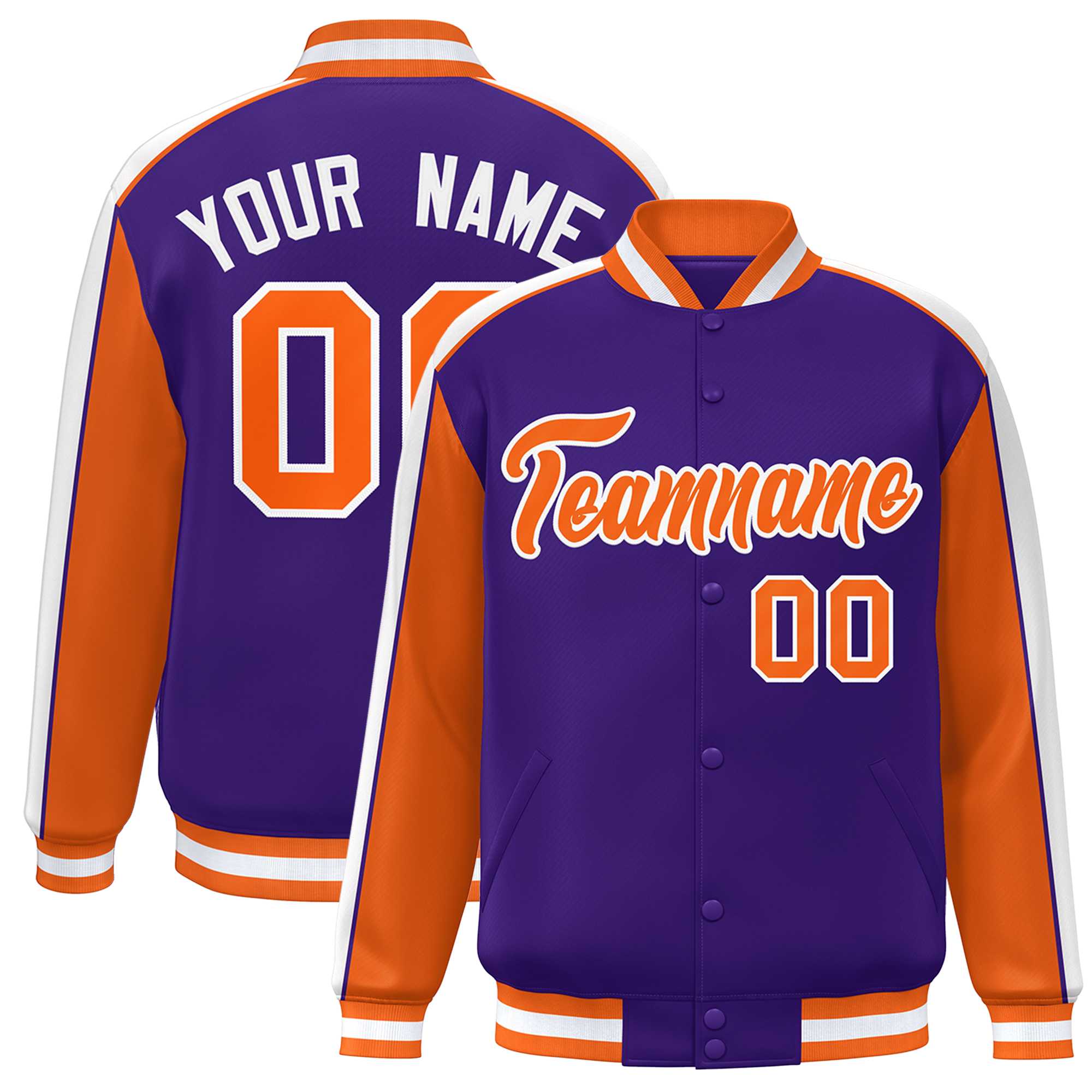 Custom Purple Orange-White Color Block Bomber Varsity Full-Snap Baseball Jacket