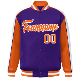 Custom Purple Orange-White Color Block Bomber Varsity Full-Snap Baseball Jacket