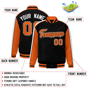 Custom Black Orange-White Color Block Bomber Varsity Full-Snap Baseball Jacket