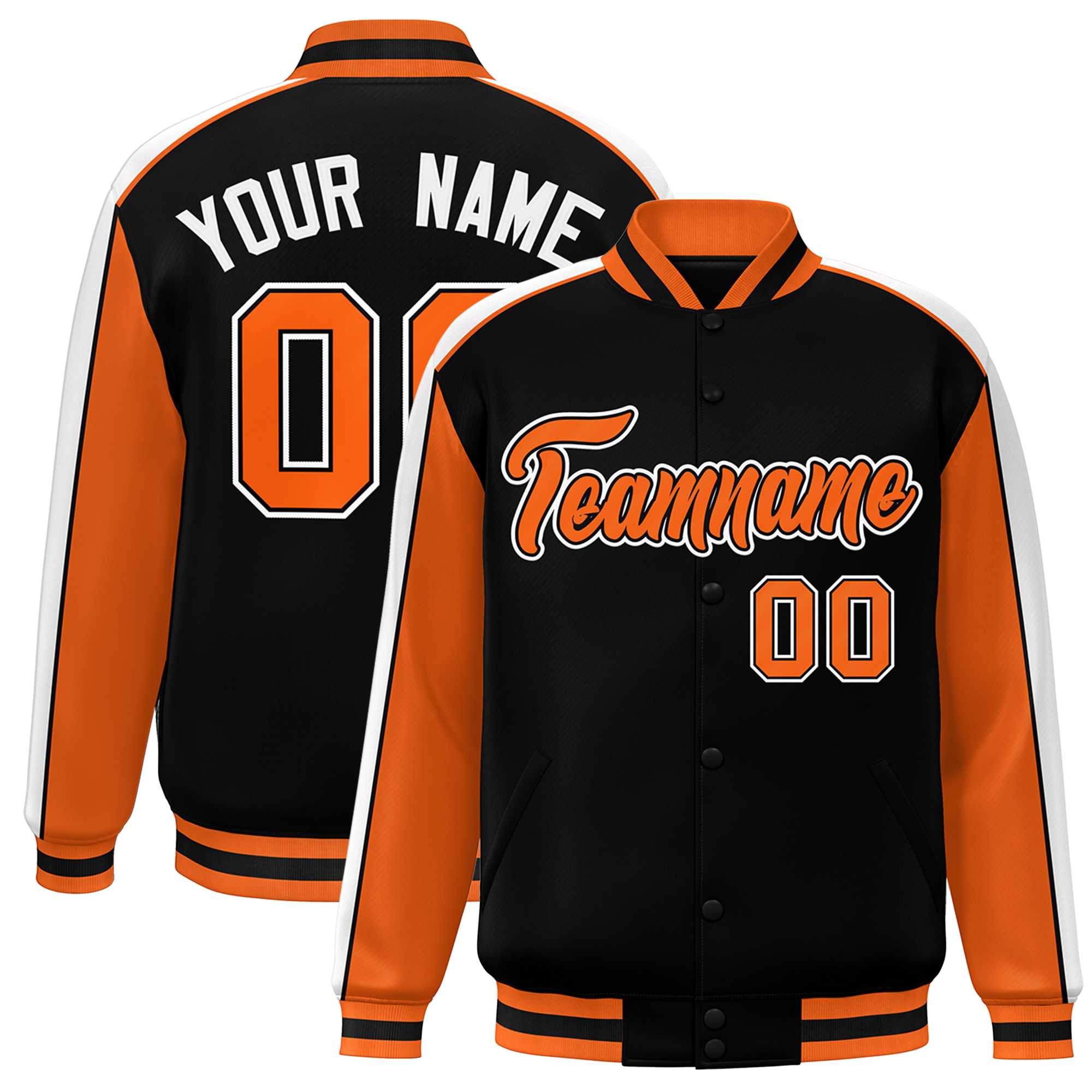 Custom Black Orange-White Color Block Bomber Varsity Full-Snap Baseball Jacket