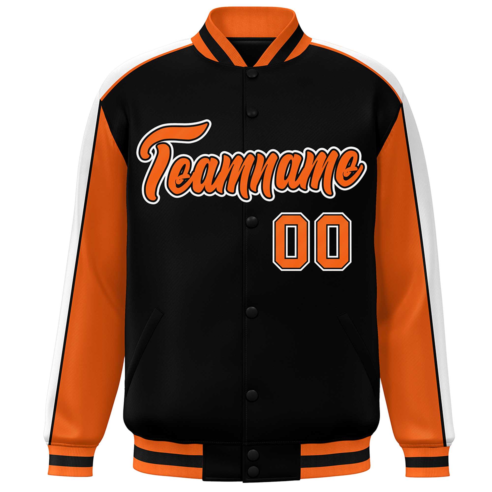 Custom Black Orange-White Color Block Bomber Varsity Full-Snap Baseball Jacket