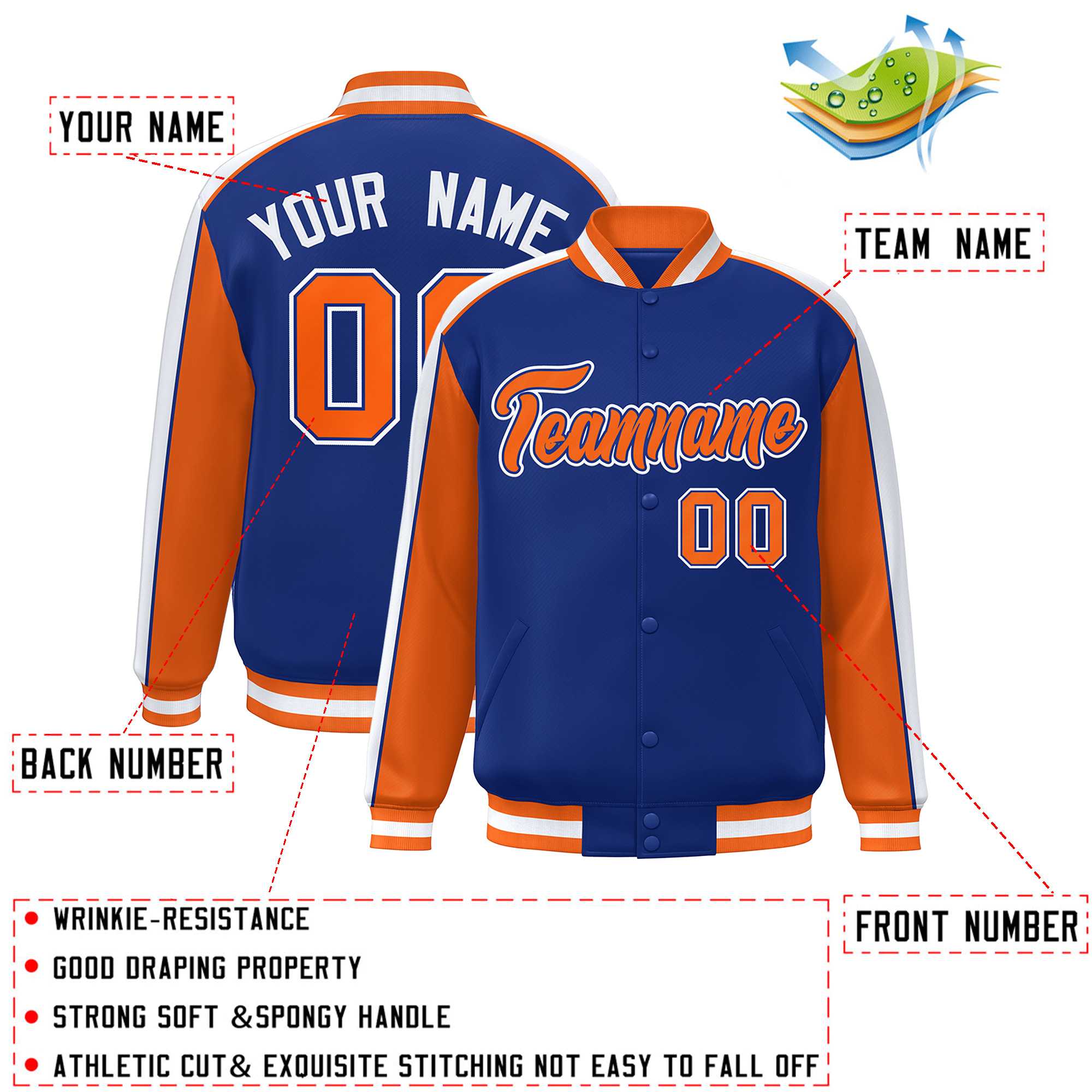 Custom Royal Orange-White Color Block Bomber Varsity Full-Snap Baseball Jacket