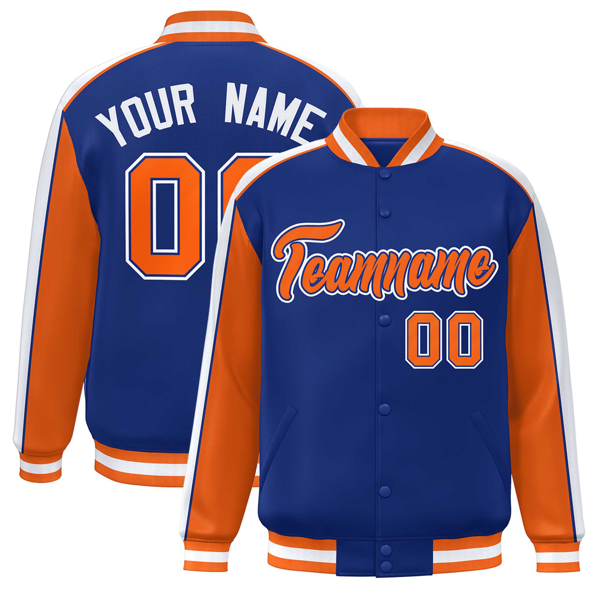 Custom Royal Orange-White Color Block Bomber Varsity Full-Snap Baseball Jacket