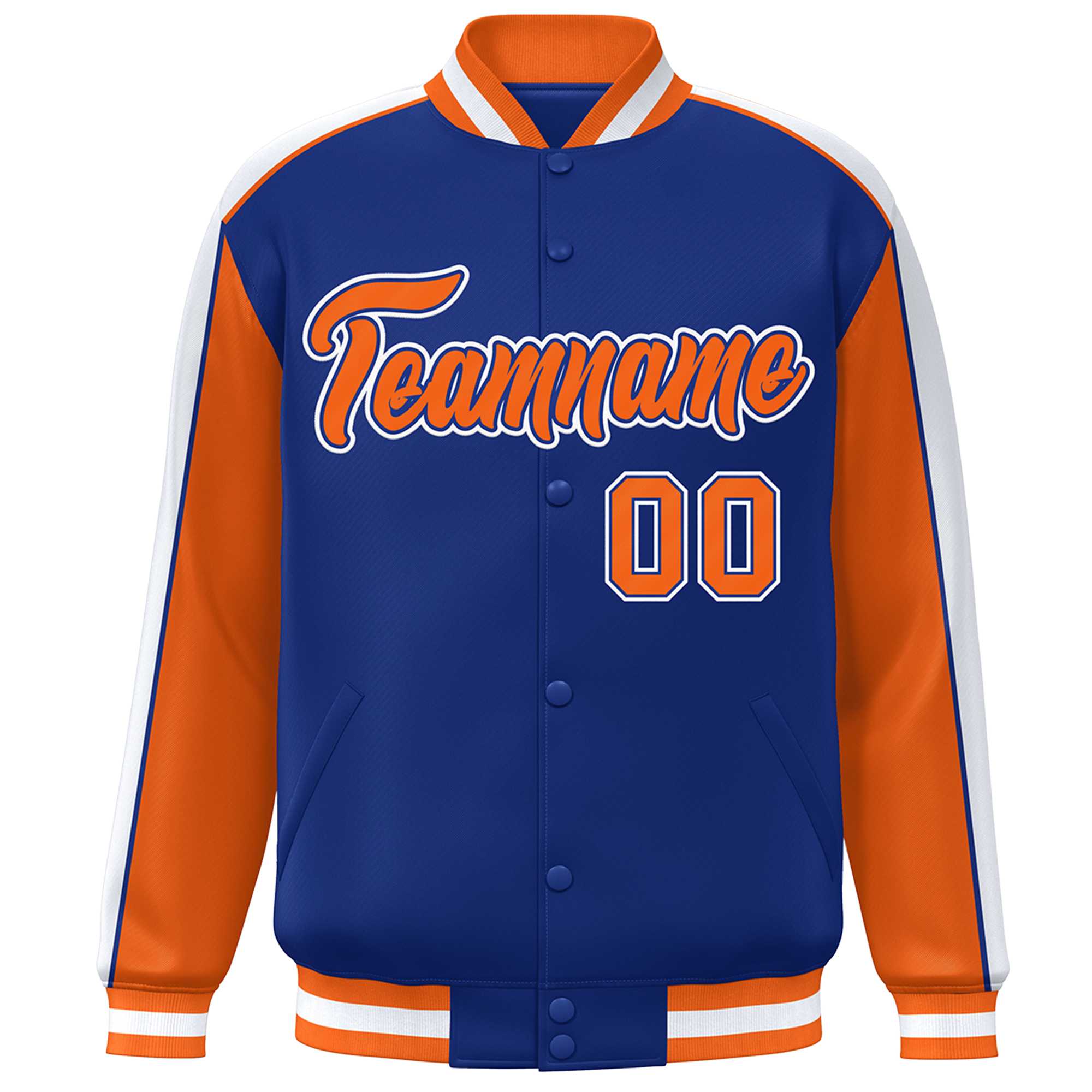 Custom Royal Orange-White Color Block Bomber Varsity Full-Snap Baseball Jacket