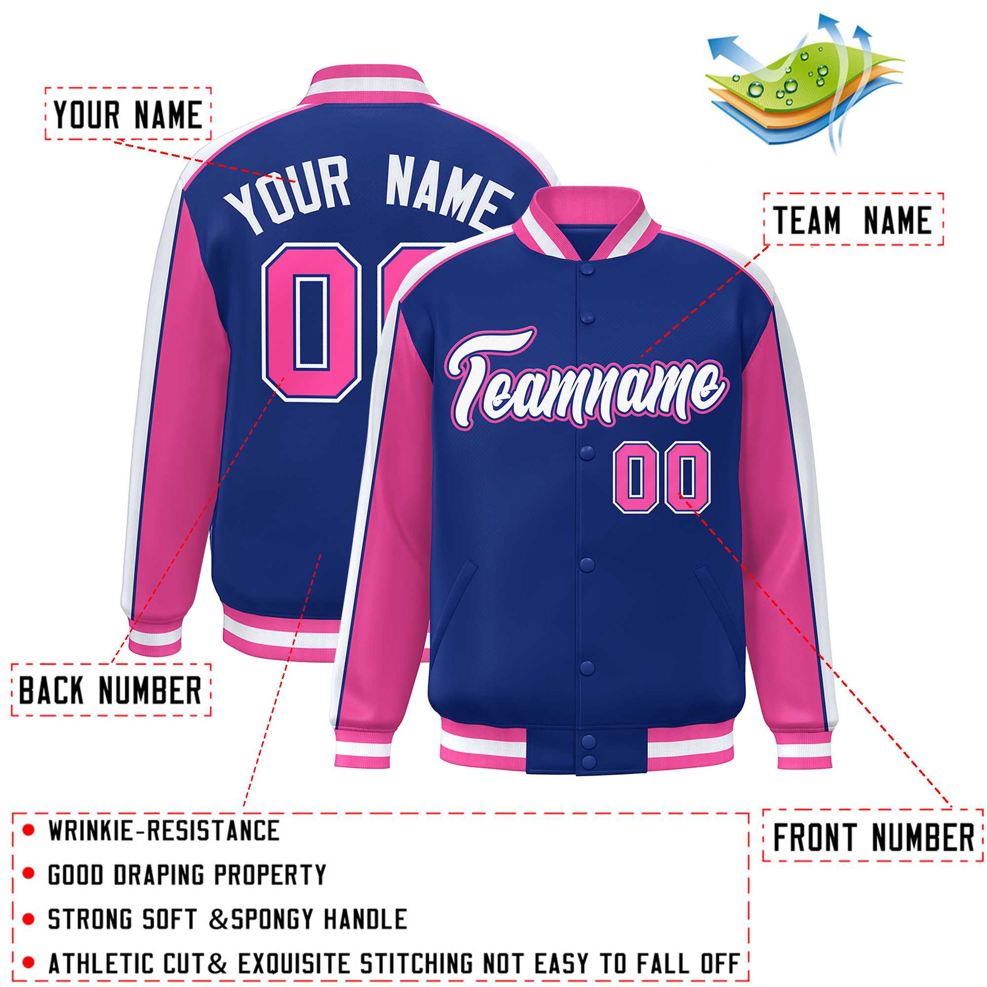 Custom Royal Pink-White Color Block Bomber Varsity Full-Snap Baseball Jacket