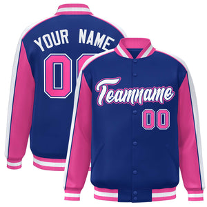 Custom Royal Pink-White Color Block Bomber Varsity Full-Snap Baseball Jacket