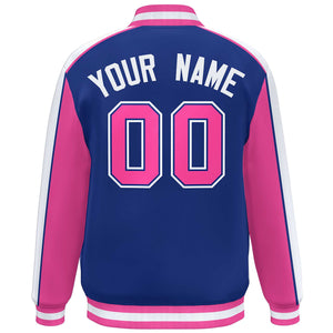 Custom Royal Pink-White Color Block Bomber Varsity Full-Snap Baseball Jacket