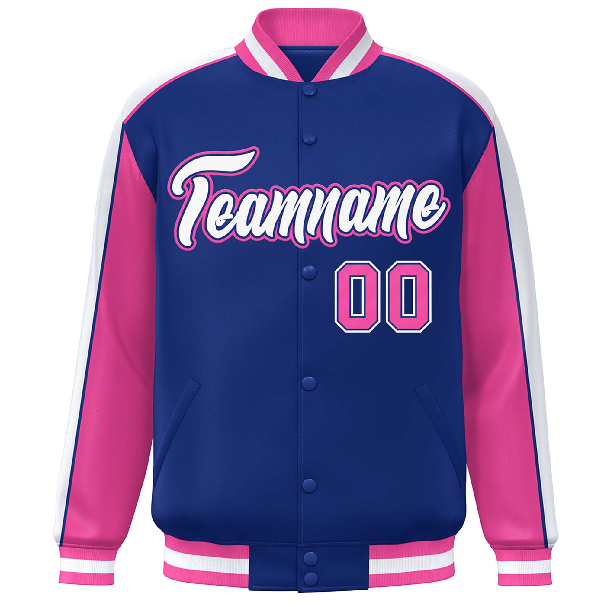 Custom Royal Pink-White Color Block Bomber Varsity Full-Snap Baseball Jacket