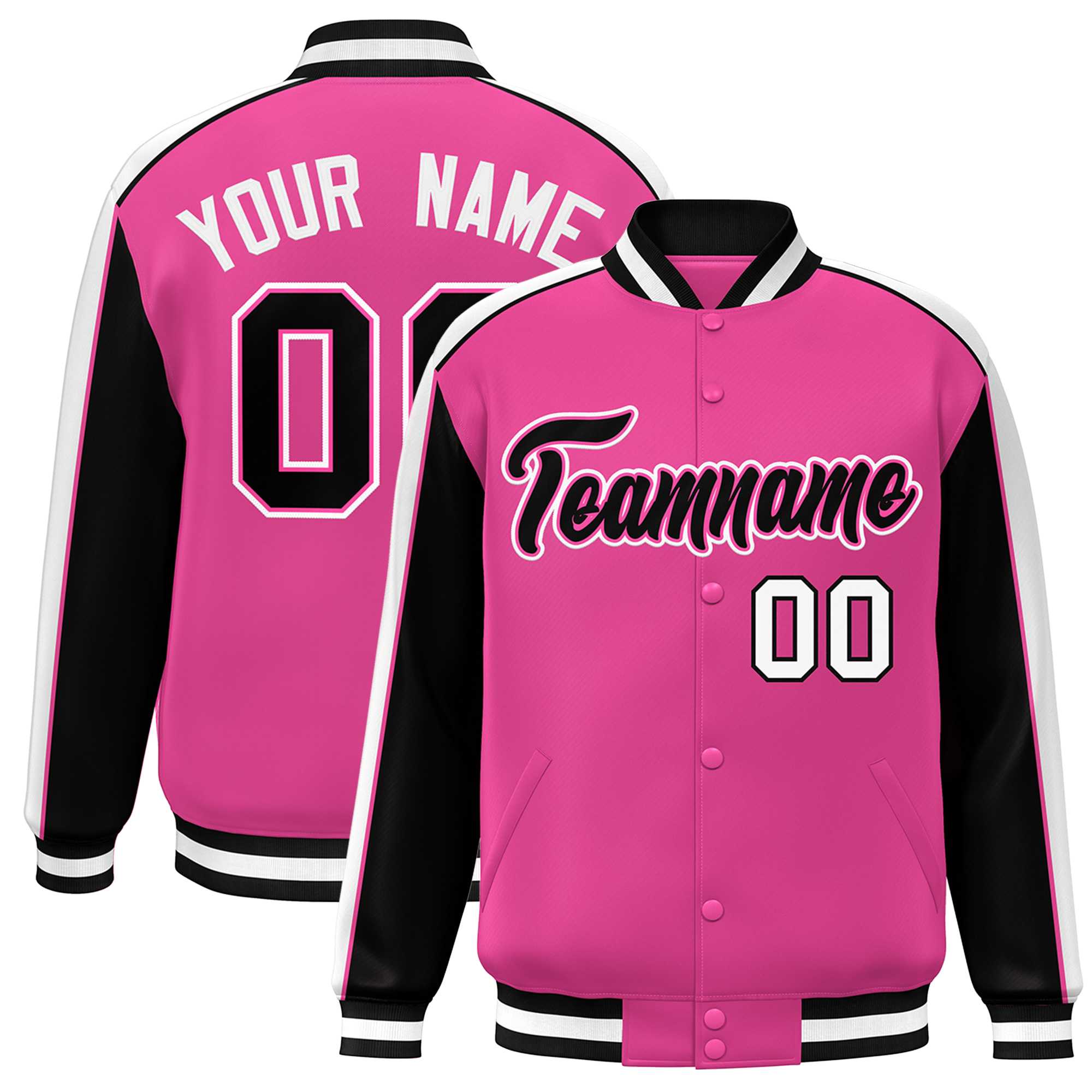 Custom Pink Black-White Color Block Bomber Varsity Full-Snap Baseball Jacket