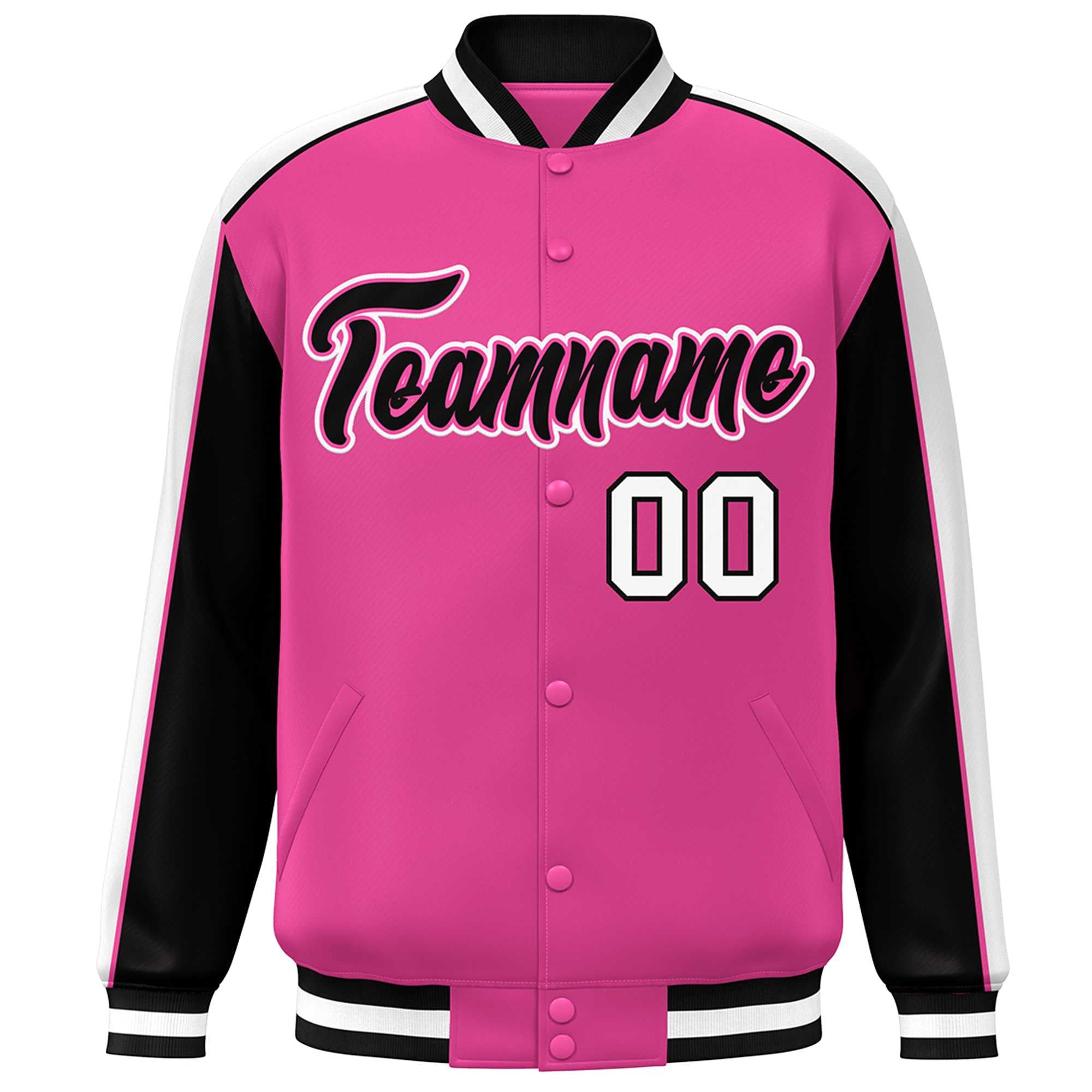 Custom Pink Black-White Color Block Bomber Varsity Full-Snap Baseball Jacket