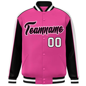 Custom Pink Black-White Color Block Bomber Varsity Full-Snap Baseball Jacket