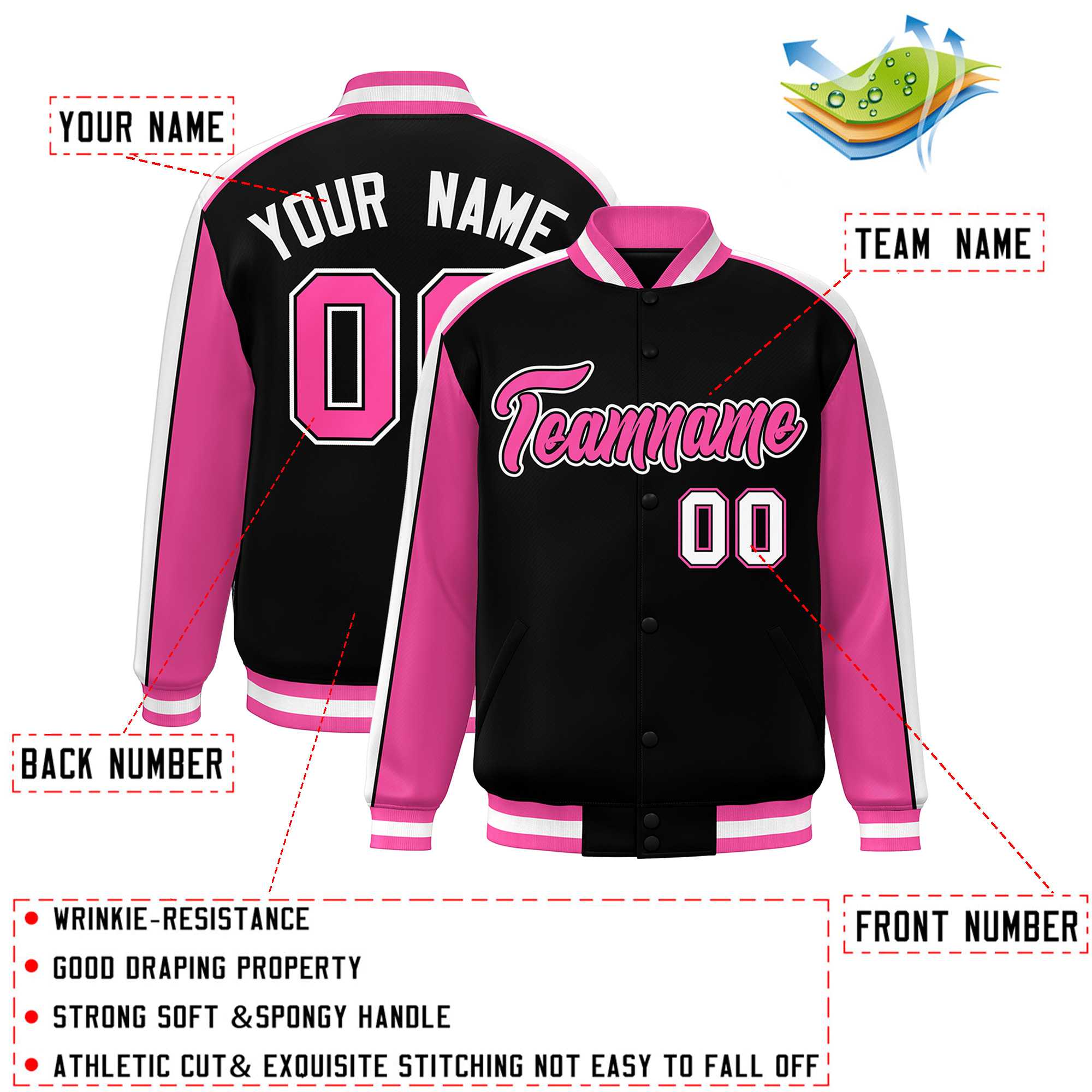 Custom Black Pink-White Color Block Bomber Varsity Full-Snap Baseball Jacket