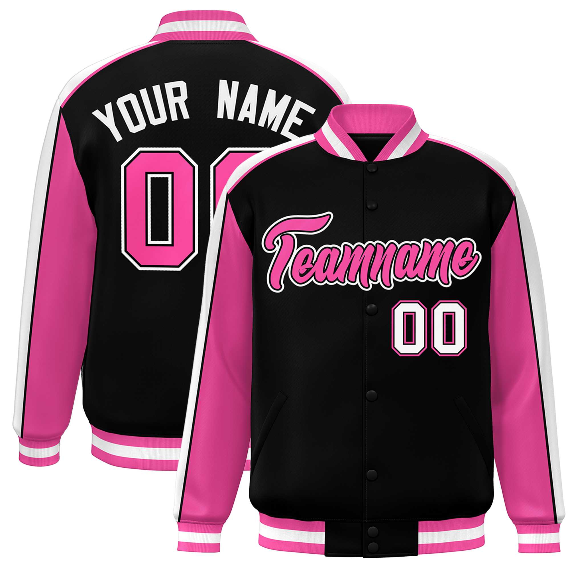 Custom Black Pink-White Color Block Bomber Varsity Full-Snap Baseball Jacket