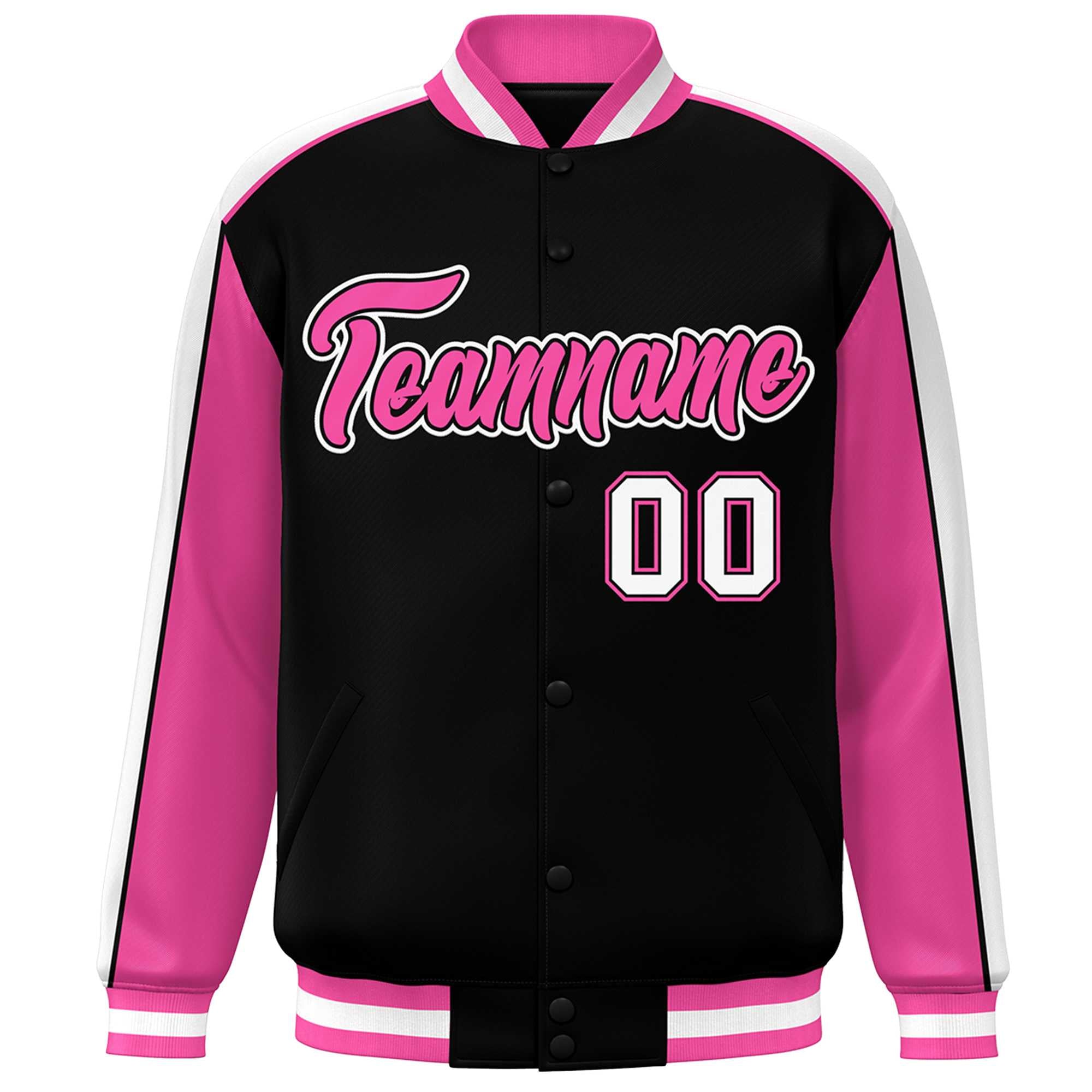 Custom Black Pink-White Color Block Bomber Varsity Full-Snap Baseball Jacket