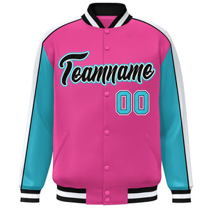 Custom Pink Aqua-White Color Block Bomber Varsity Full-Snap Baseball Jacket