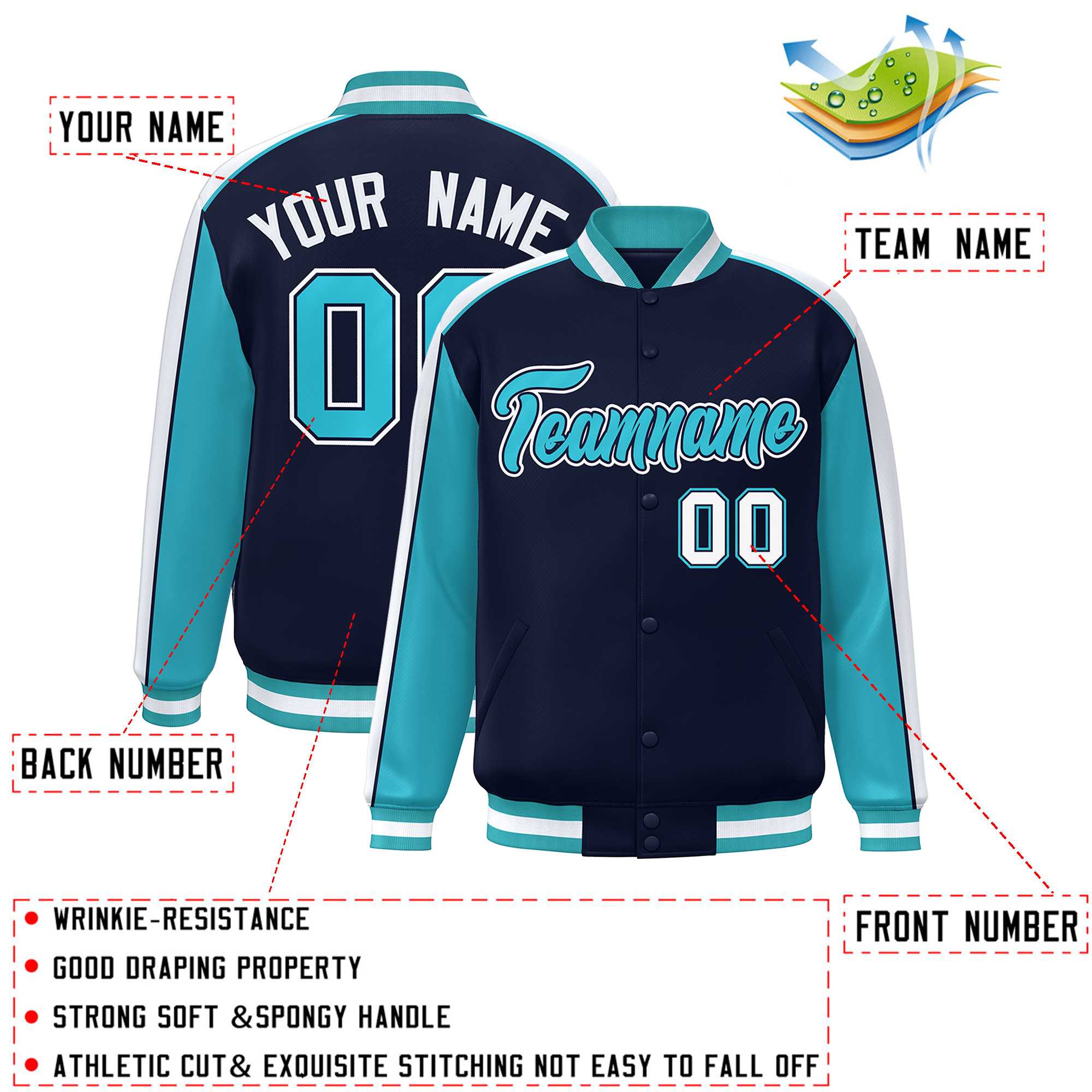 Custom Navy Aqua-White Color Block Bomber Varsity Full-Snap Baseball Jacket