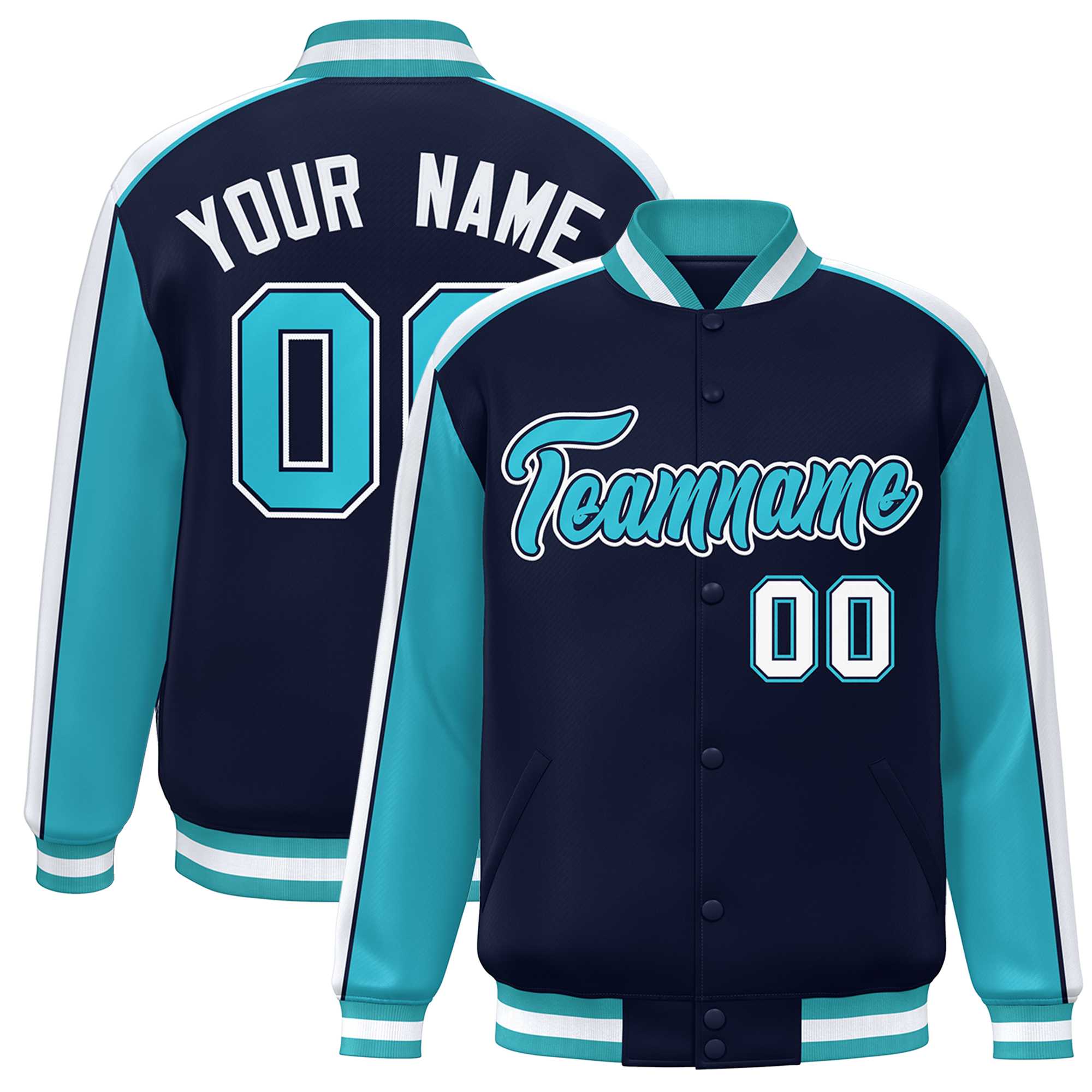 Custom Navy Aqua-White Color Block Bomber Varsity Full-Snap Baseball Jacket