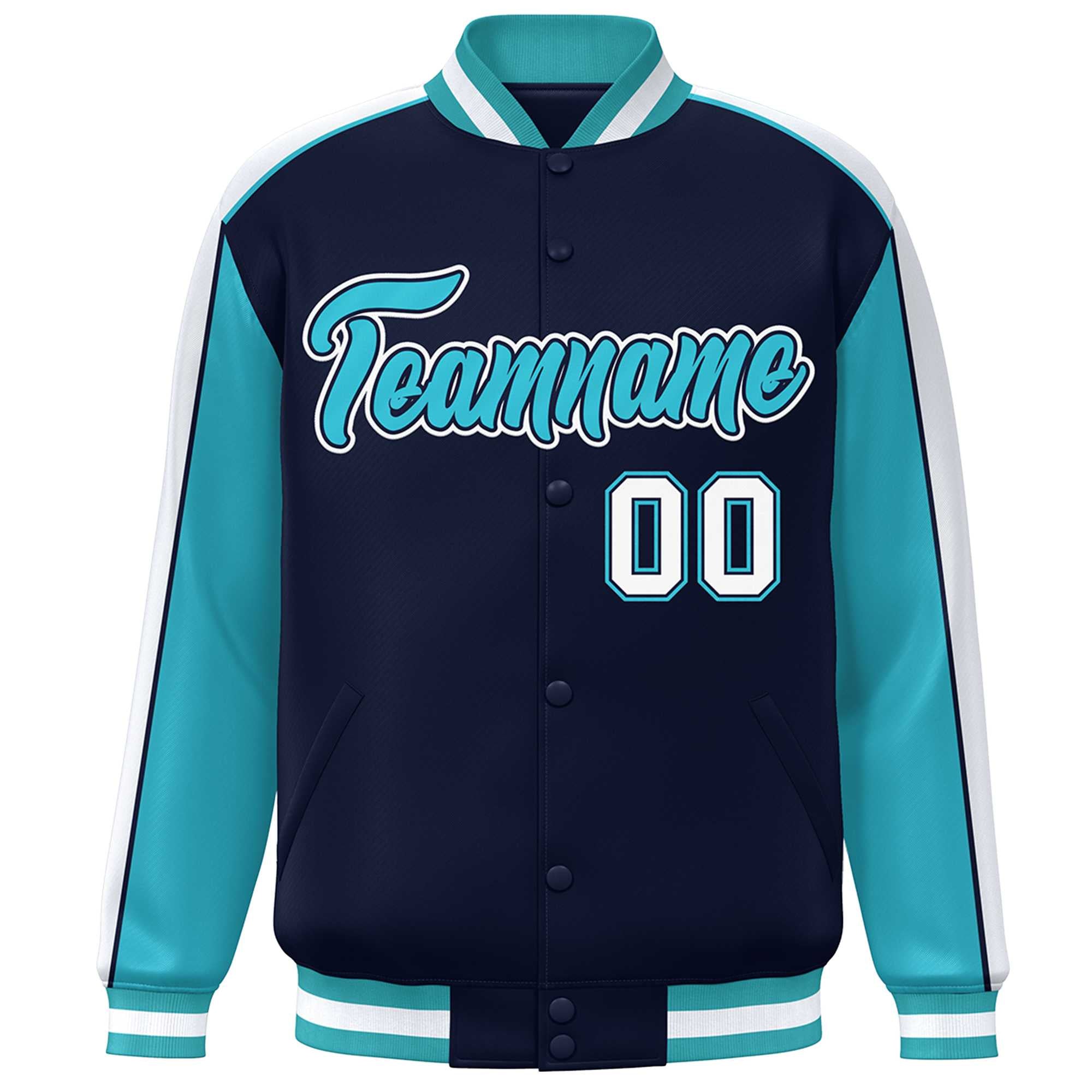 Custom Navy Aqua-White Color Block Bomber Varsity Full-Snap Baseball Jacket