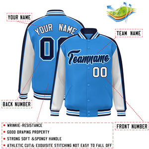 Custom Powder Blue White-Navy Color Block Bomber Varsity Full-Snap Baseball Jacket