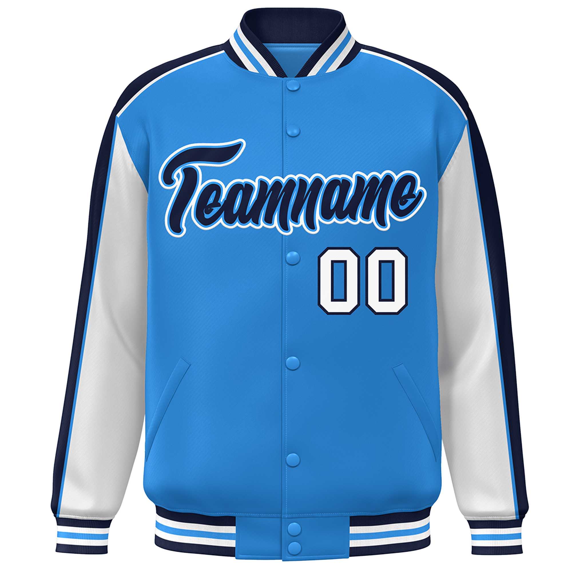 Custom Powder Blue White-Navy Color Block Bomber Varsity Full-Snap Baseball Jacket