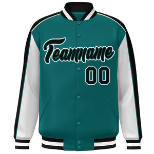 Custom Aqua White-Black Color Block Bomber Varsity Full-Snap Baseball Jacket