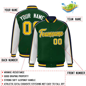 Custom Green White-Navy Color Block Bomber Varsity Full-Snap Baseball Jacket