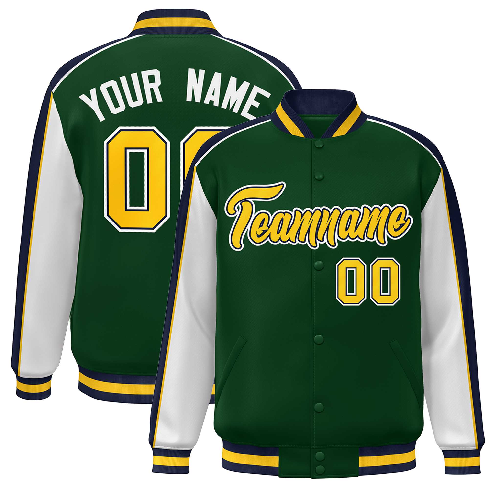 Custom Green White-Navy Color Block Bomber Varsity Full-Snap Baseball Jacket