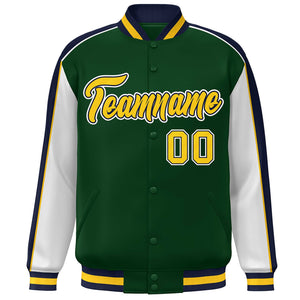 Custom Green White-Navy Color Block Bomber Varsity Full-Snap Baseball Jacket