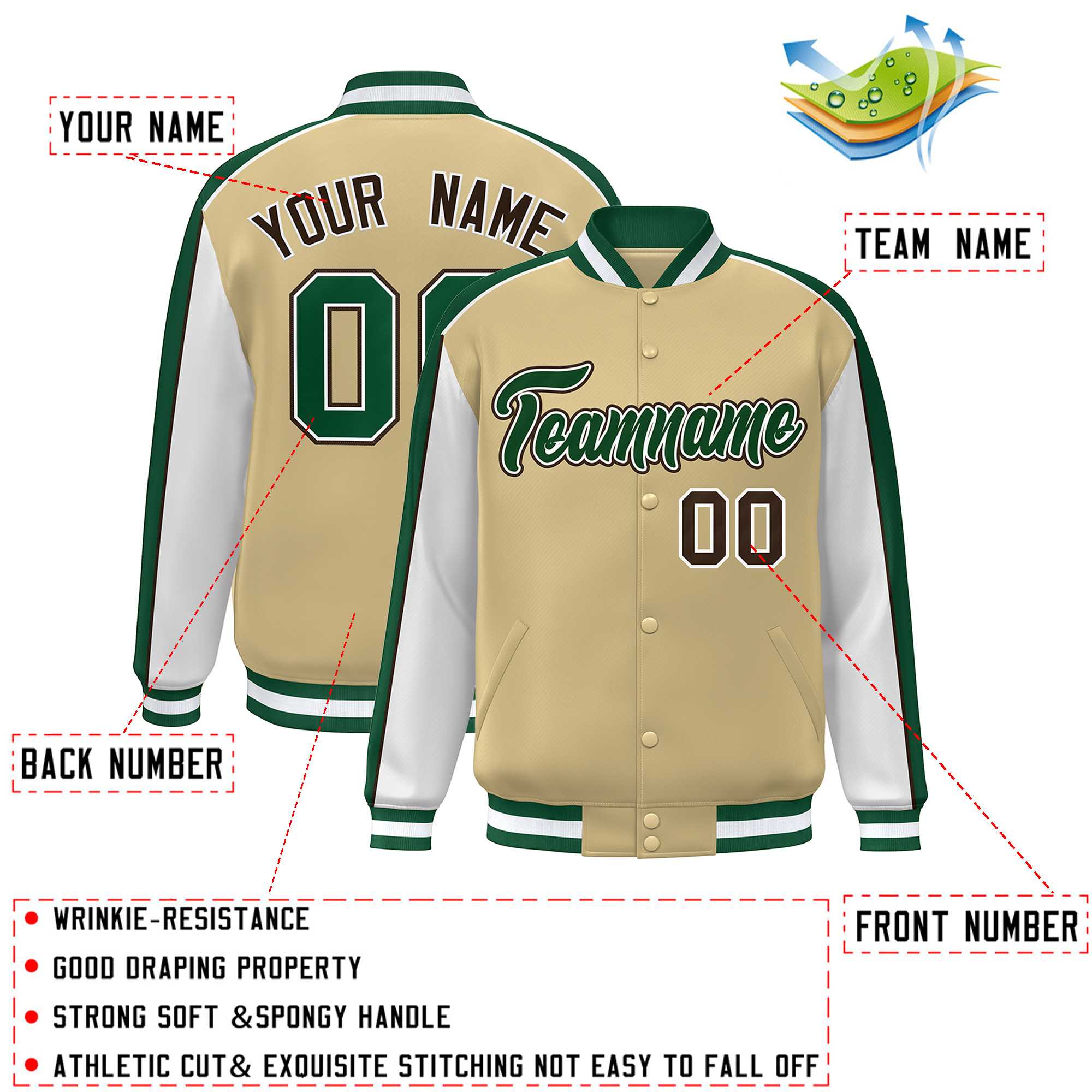 Custom Khaki White-Green Color Block Bomber Varsity Full-Snap Baseball Jacket