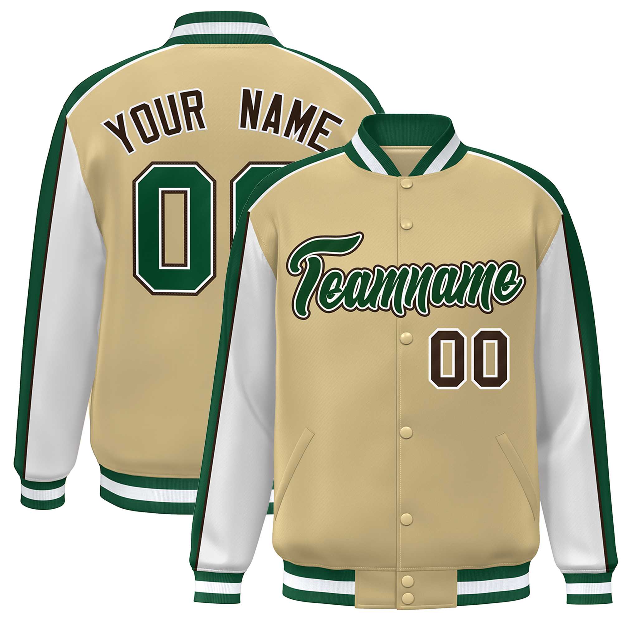 Custom Khaki White-Green Color Block Bomber Varsity Full-Snap Baseball Jacket