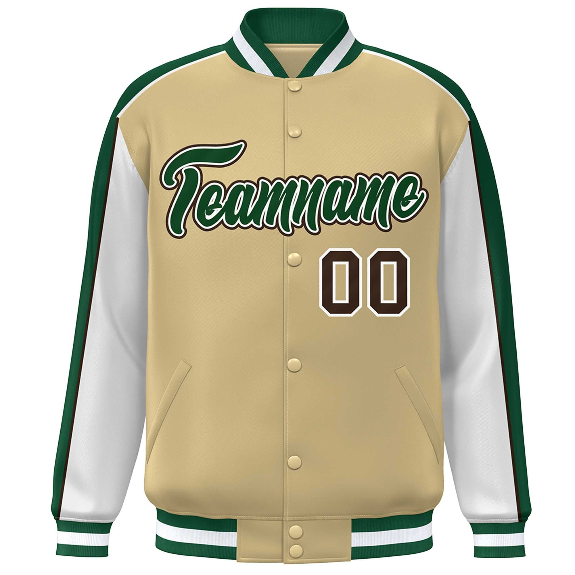 Custom Khaki White-Green Color Block Bomber Varsity Full-Snap Baseball Jacket