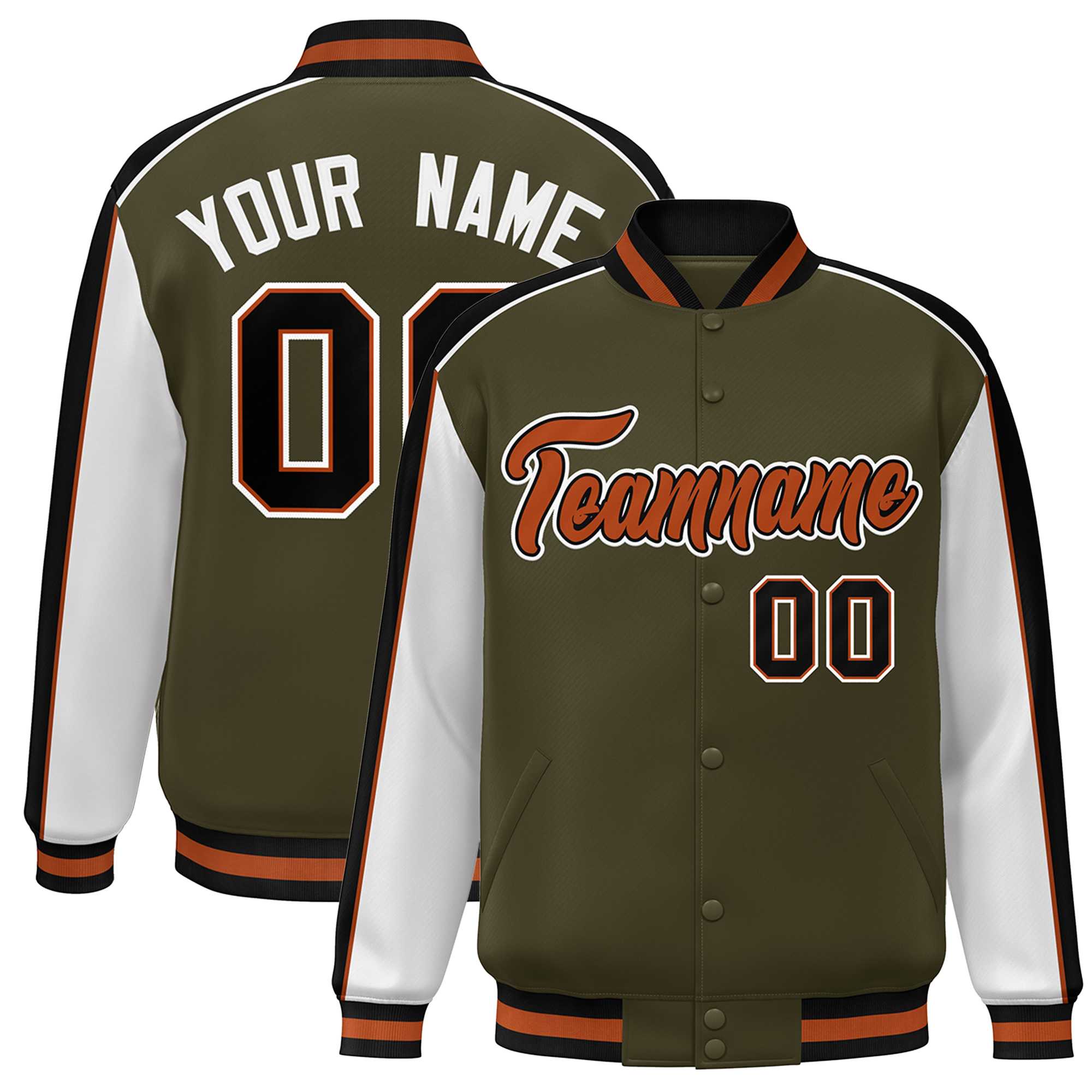 Custom Olive White-Black Color Block Bomber Varsity Full-Snap Baseball Jacket