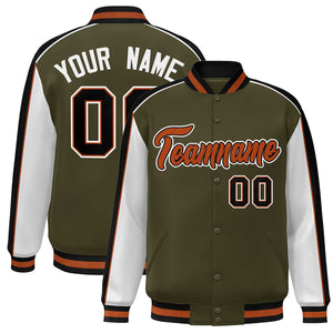 Custom Olive White-Black Color Block Bomber Varsity Full-Snap Baseball Jacket